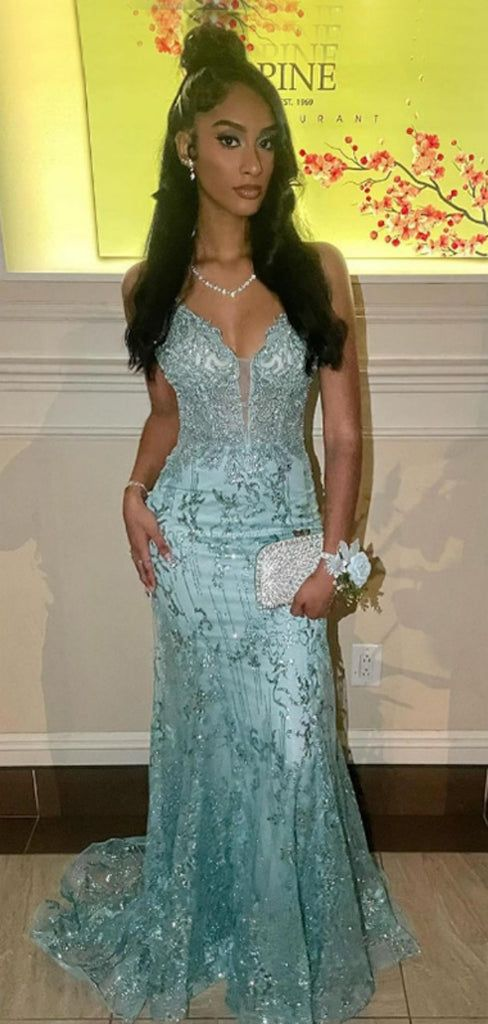 Elegant Spaghetti Strap Sleeveless Mermaid Lace Long Evening Prom Dress