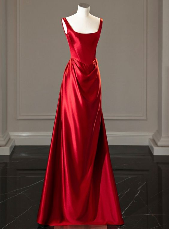 Elegant Red Satin Straps Pleats Prom Dress Long A Line Party Evening Dress