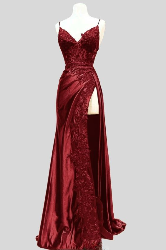 Elegant Burgundy Satin Appliques Evening Dress Slit Prom Party Dress