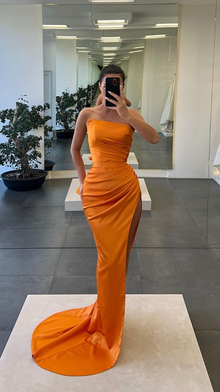 Simple Satin Long Prom Dress With Waist Pleats Elegant Evening Gown