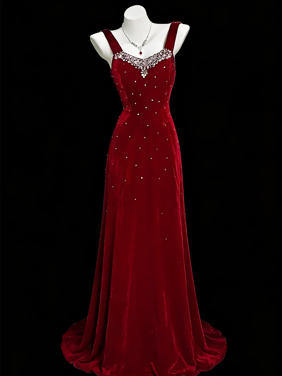 Wine Red Beaded A-line Velvet Straps Prom Dress, Wine Red Velvet Party Dress