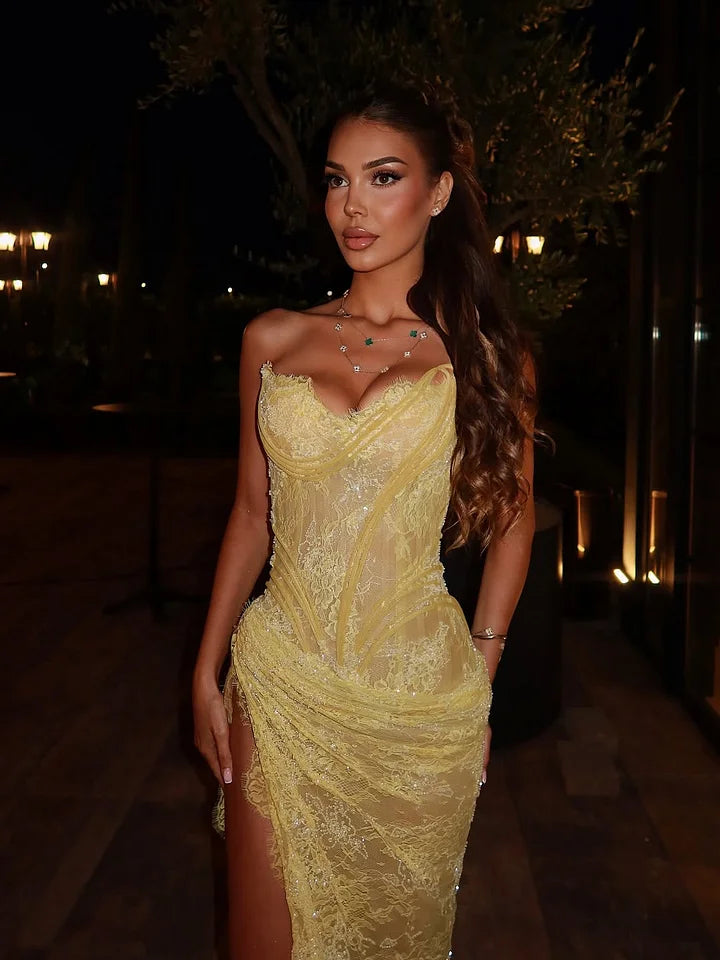 Elegant Pale Yellow Mermaid Strapless High-Slit Lace Long Prom Dress Evening Dress