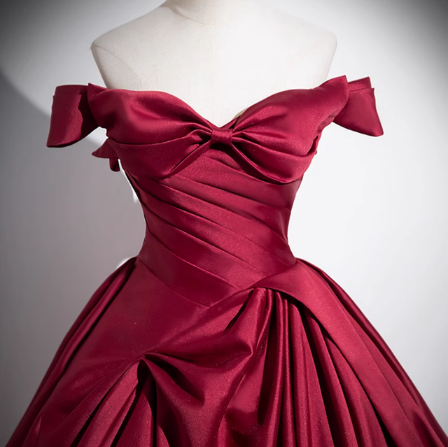 Burgundy Off The Satin Pleated Ball Gown A Line Prom Dress