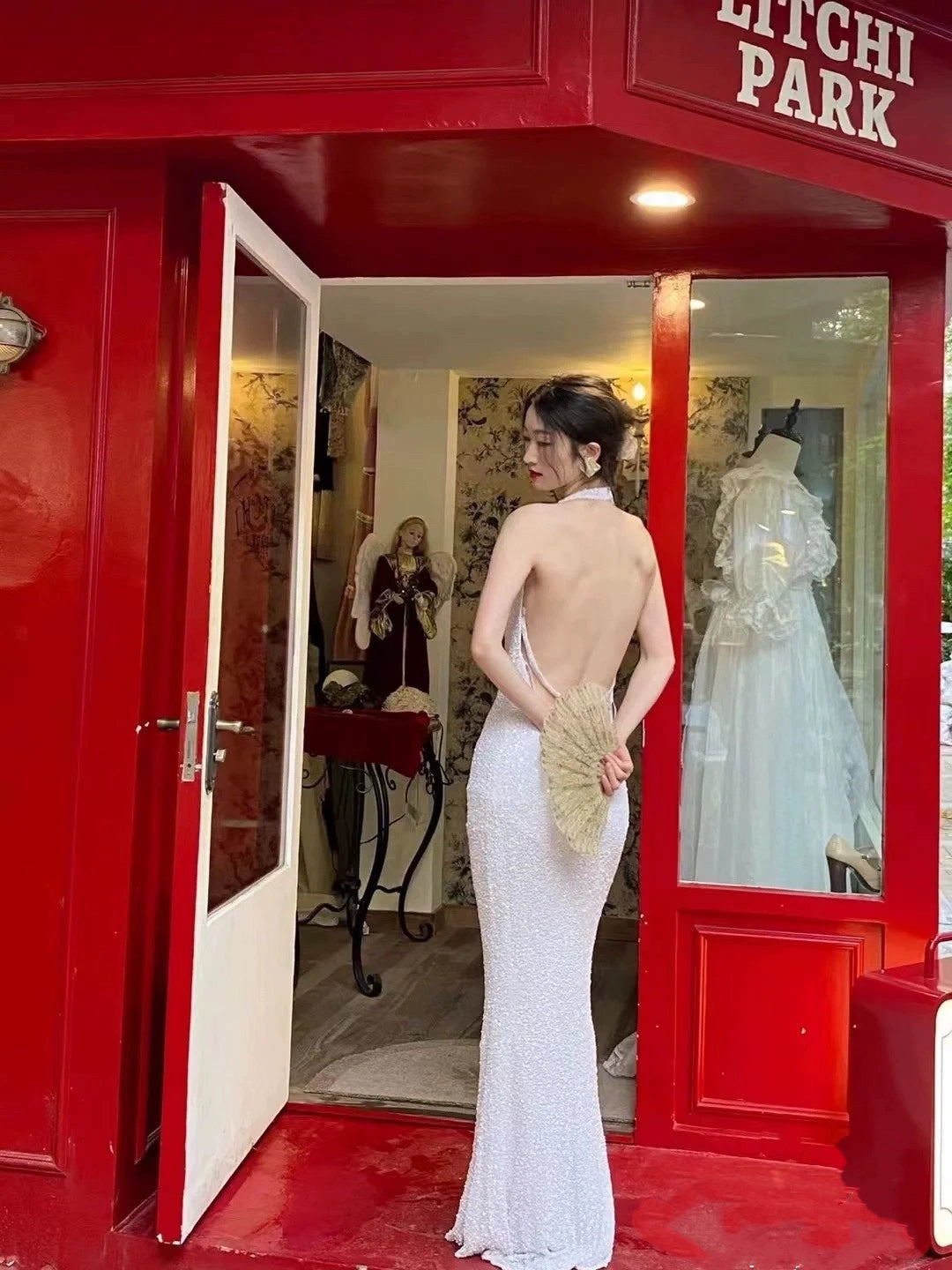 Halter Neck White Sequin Long Prom Dress Elegant Evening Dress