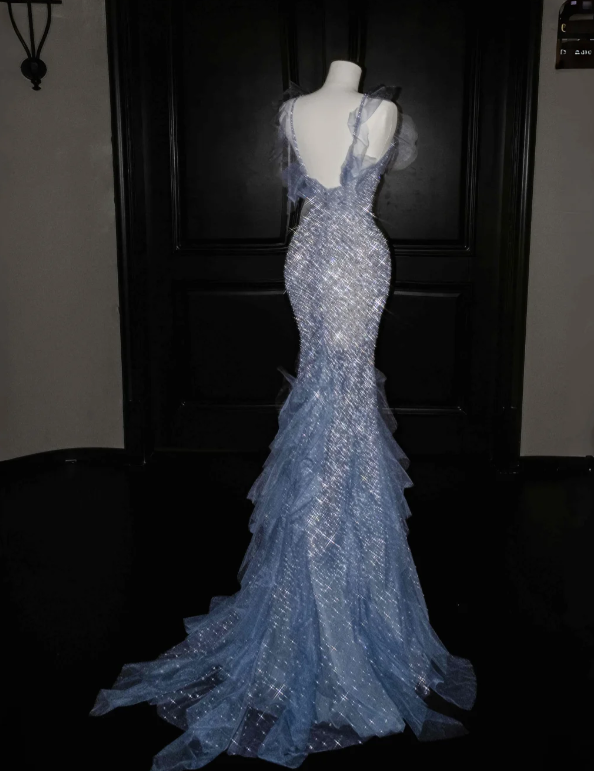 Blue Mermaid Sparkle Prom Party Dress Luxurious Evening Dress
