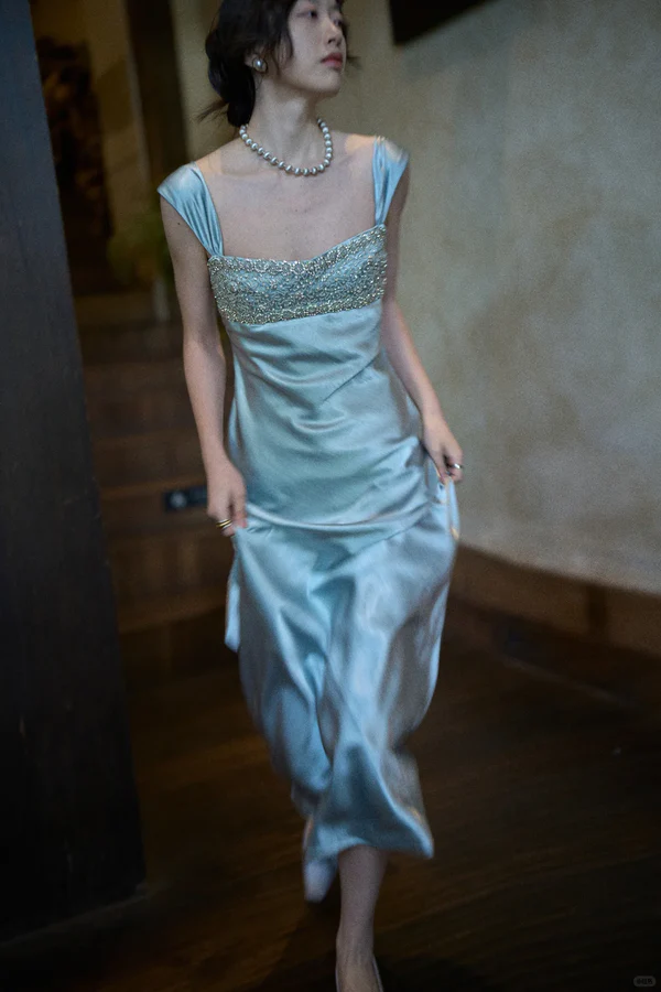 Elegant Blue A Line Straps Beaded Satin Long Prom Dress Evening Dress