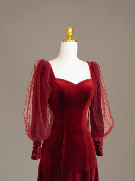 Elegant Burgundy Velvet Long Prom Dress, Puffy Sleeves Wedding Party Dress