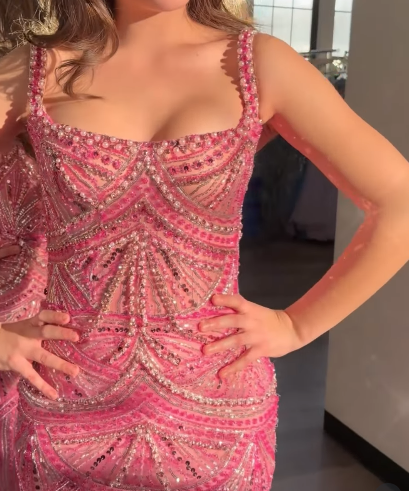 Gorgeous Pink Spaghetti Straps Sequin Beaded Long Evening Dress Formal Party Gown