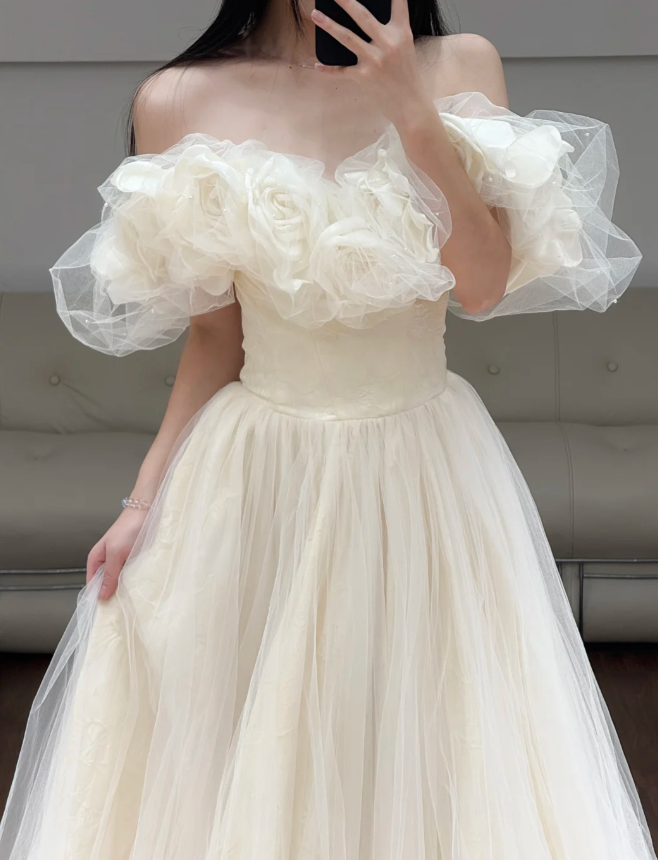 Off The Shoulder A Line Prom Dress Beige Tulle Birthday Dress
