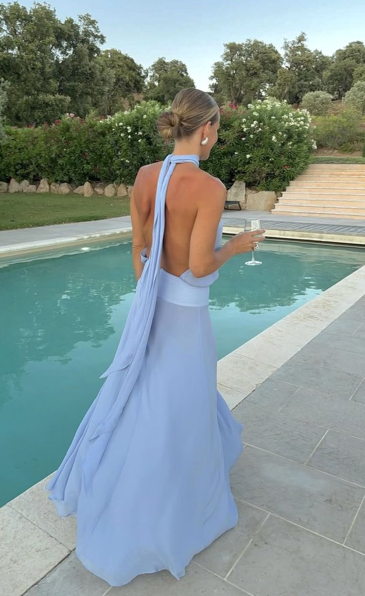 Elegant Blue Loose Halter Neck Tie Backless Chiffon Long Prom Dress Evening Dress