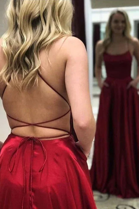 Sexy A Line Spaghetti Straps Red Backless Prom Dresses Long Party Dress