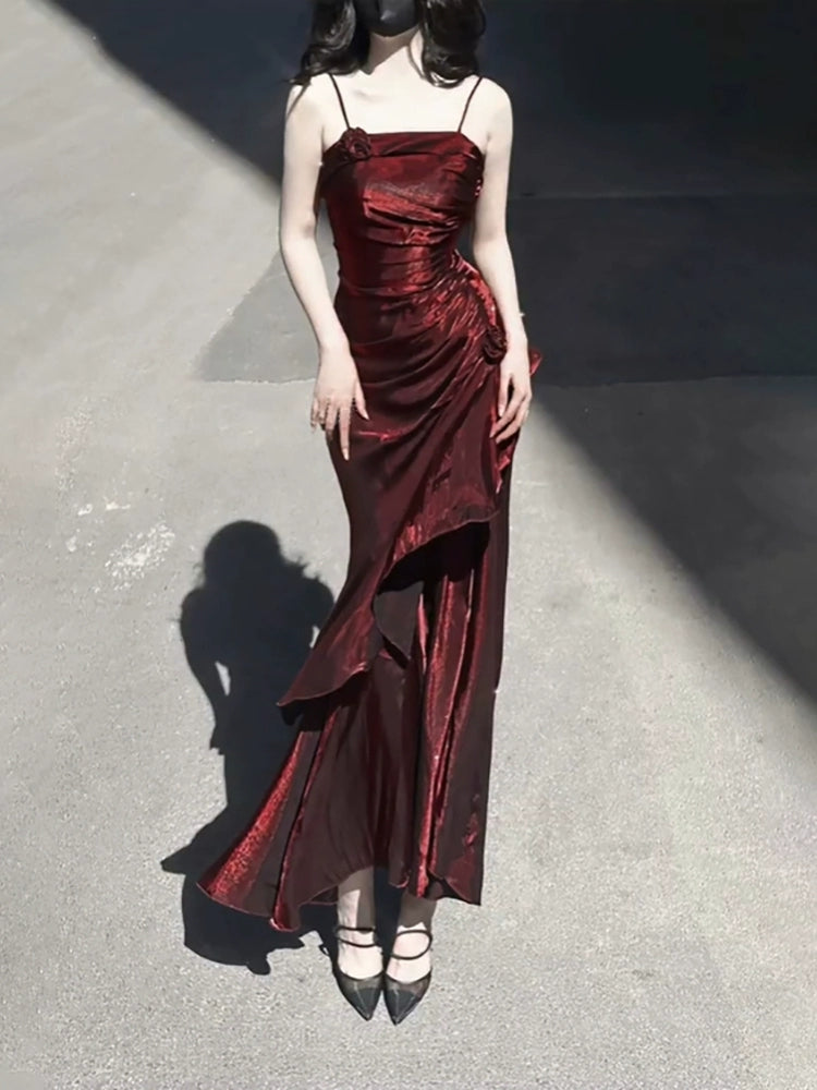 Vintage High Low Spaghetti Straps Burgundy Long Party Dresses Birthday Outfits