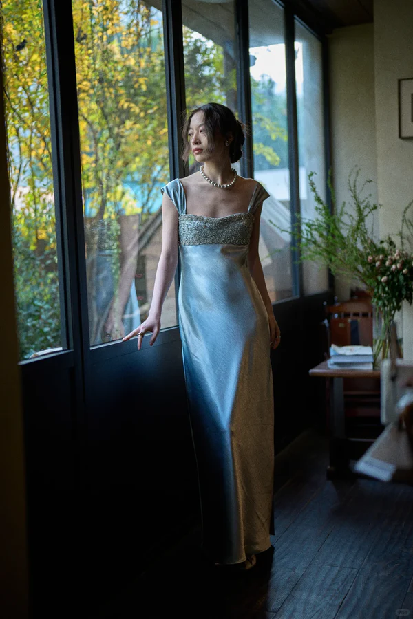 Elegant Blue A Line Straps Beaded Satin Long Prom Dress Evening Dress