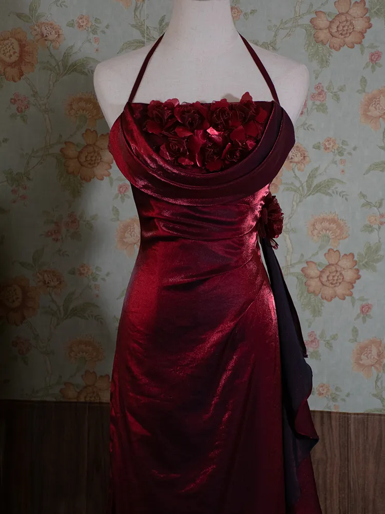 Vintage Burgundy Floral Long Prom Dress Halter Party Evening Gown