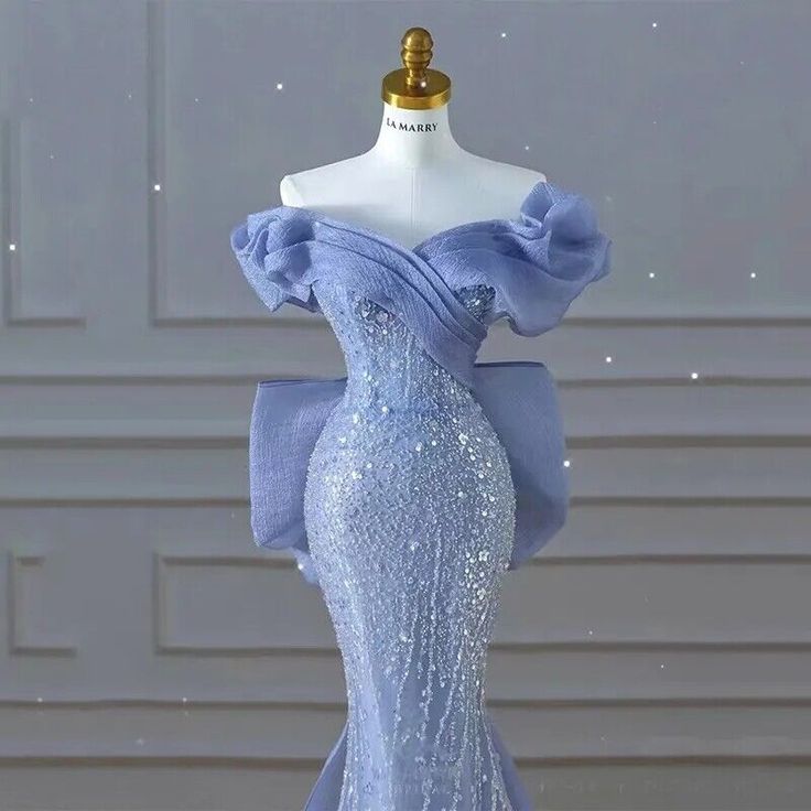 Sparkly Blue Prom Dresses With Bow Sequins Off The Shoulder Formal Party Dress