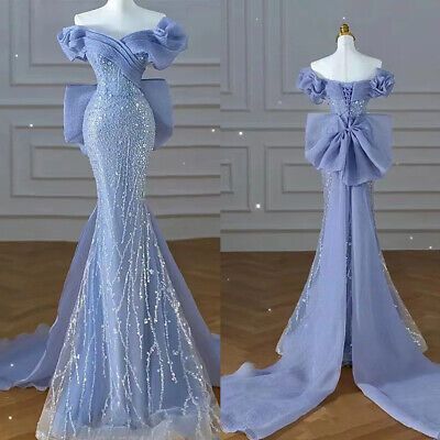 Sparkly Blue Prom Dresses With Bow Sequins Off The Shoulder Formal Party Dress