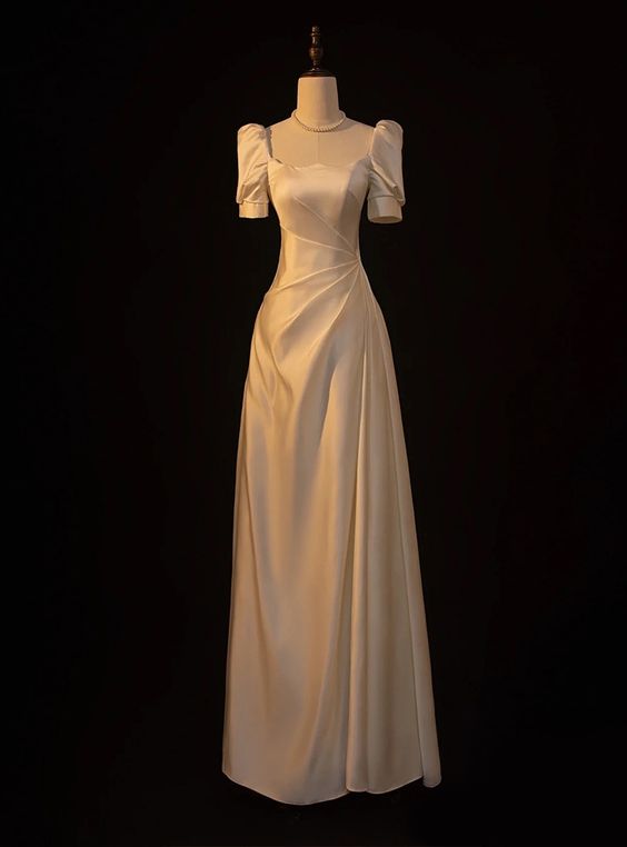 Vintage White Satin Short Sleeve Square Wedding Dress