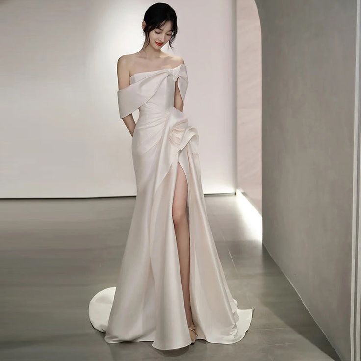 Vintage Off Shoulder Satin Wedding Dress White Mermaid Long Prom Dress with Slit