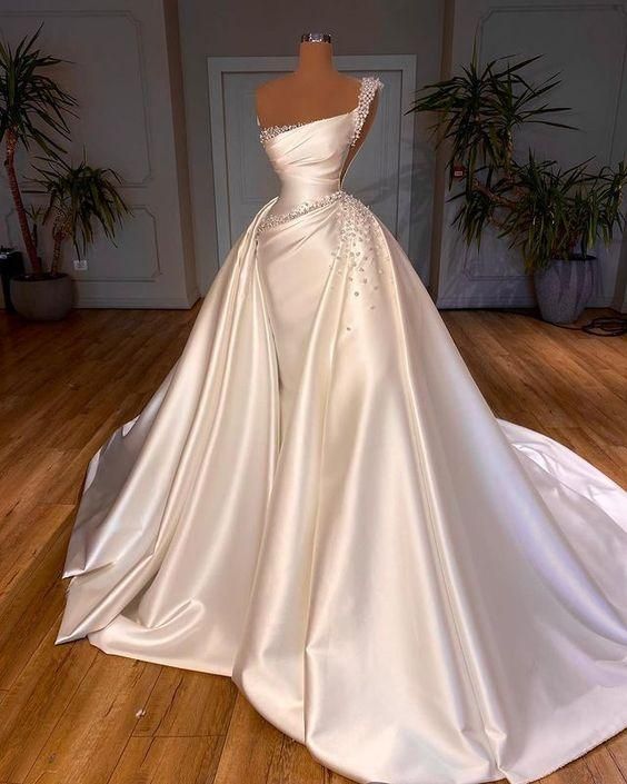 Gorgeous One Shoulder Wedding Dress Bateau A-Line With Pearl