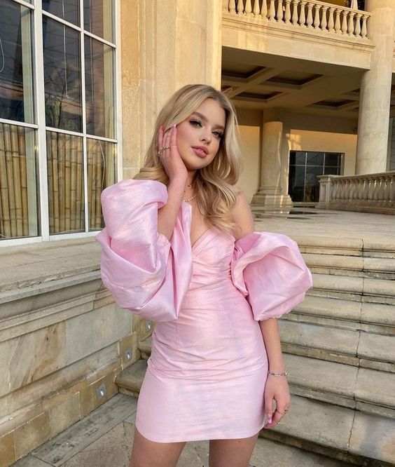 Pink Homecoming Dress With Lantern Sleeves and Bare Shoulders cc53