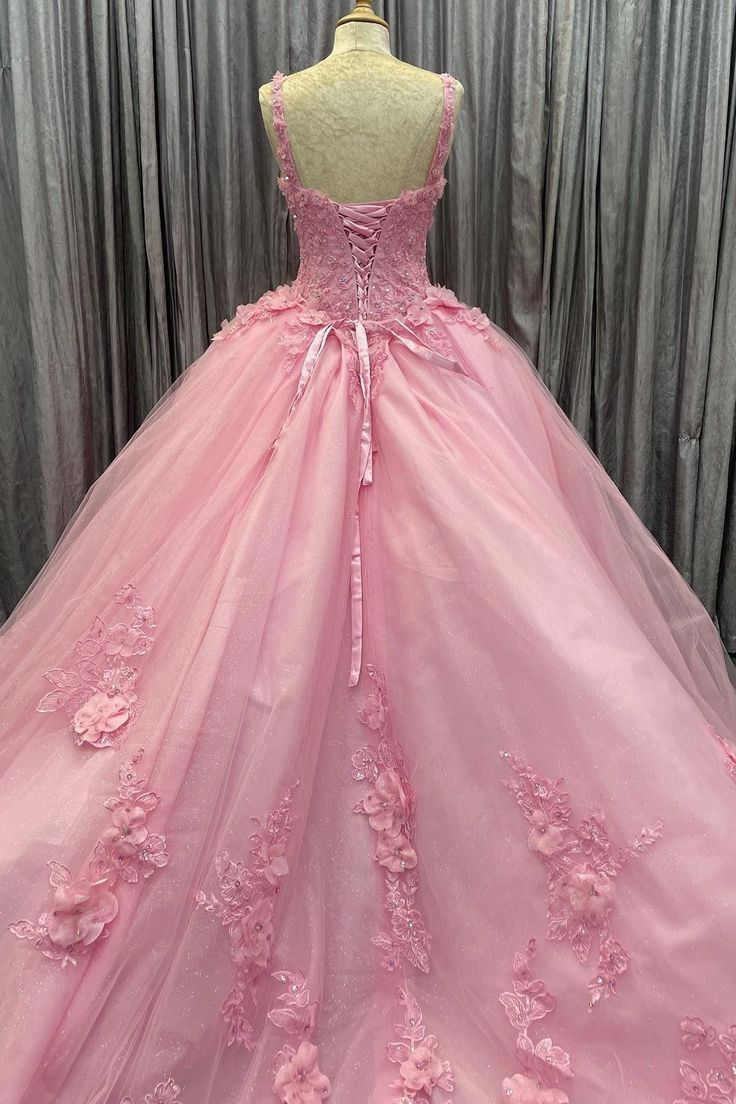 Chic Pink Tulle Floral Appliques Quinceanera Dress Two-Wear Ball Gown