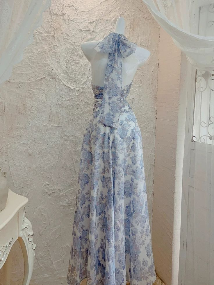 Sexy Chiffon Print Floral Long Prom Dress Halter V Neck Party Evening Gown