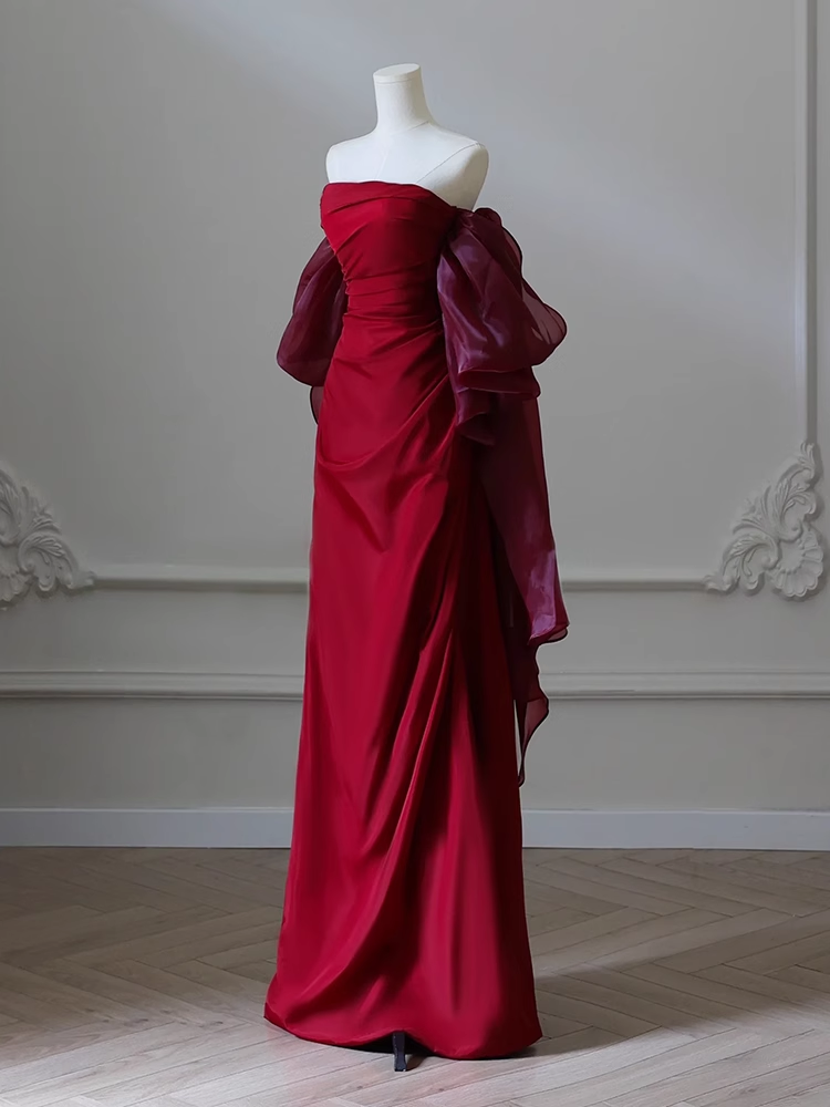 Burgundy Strapless Pleats Prom Dress Elegant Mermaid Evening Dress Wedding Party Dress