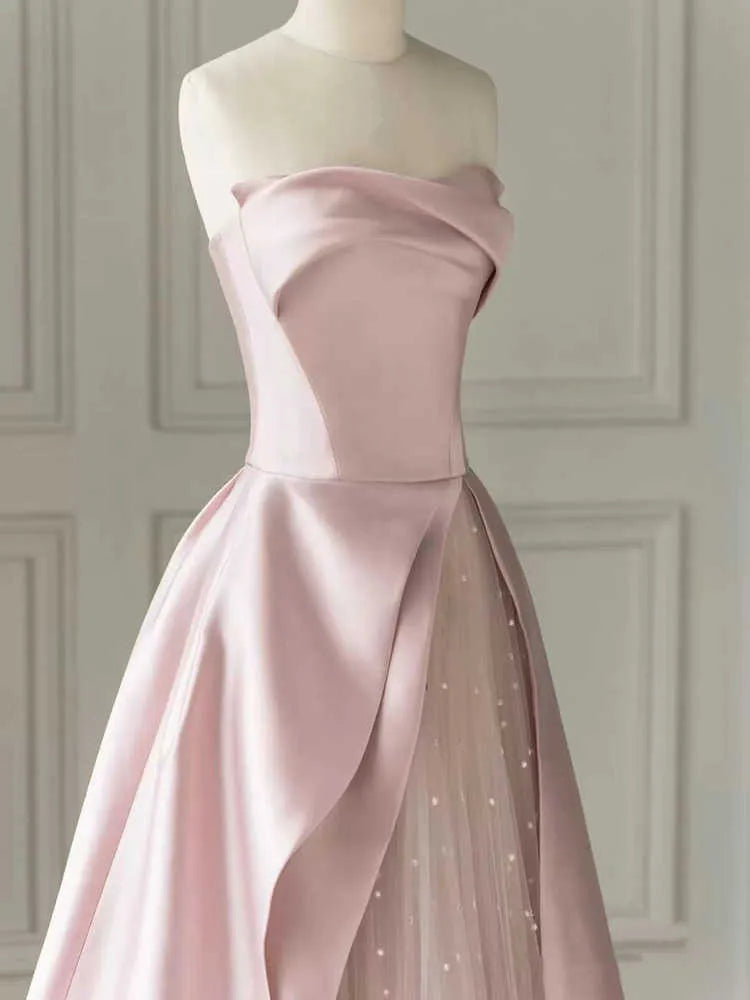 A-Line Satin Tulle Pink Long Prom Dress With Pearls