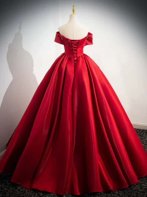 Red Satin Off Shoulder Long Prom Dress, Beautiful A Line Ball Gown