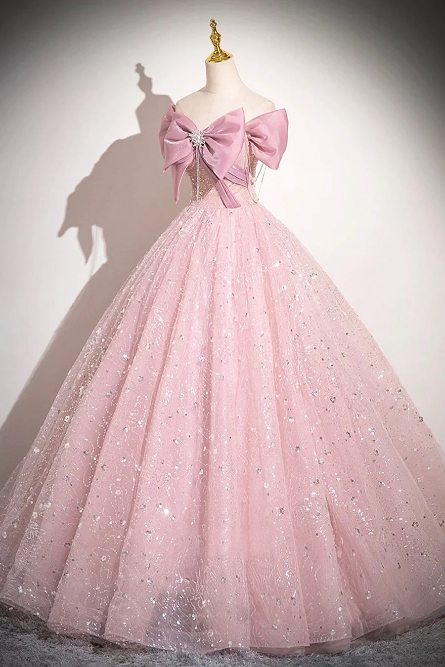 Cute Pink Tulle Sequins Long A-Line Ball Gown, Off Shoulder Sweet 16 Dress