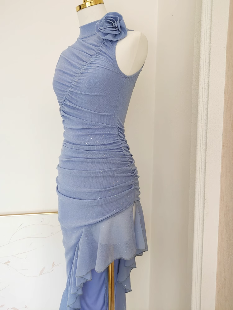 Sexy Sheath High Neckline Blue Ruffles Vacation Dresses Short Birthday Outfits