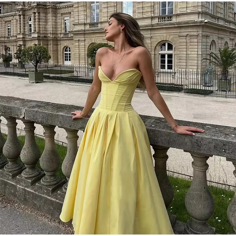 Simple Women strapless pleated maxi dress fashion sexy sleeveless A-line party dress Evening Dress