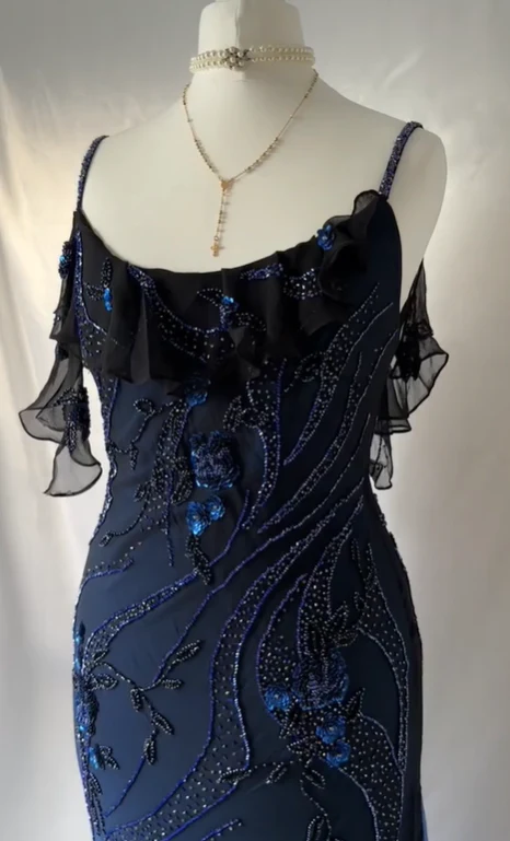 Charmong Navy Blue Chiffon Beaded Long Prom Dress Formal Party Dress