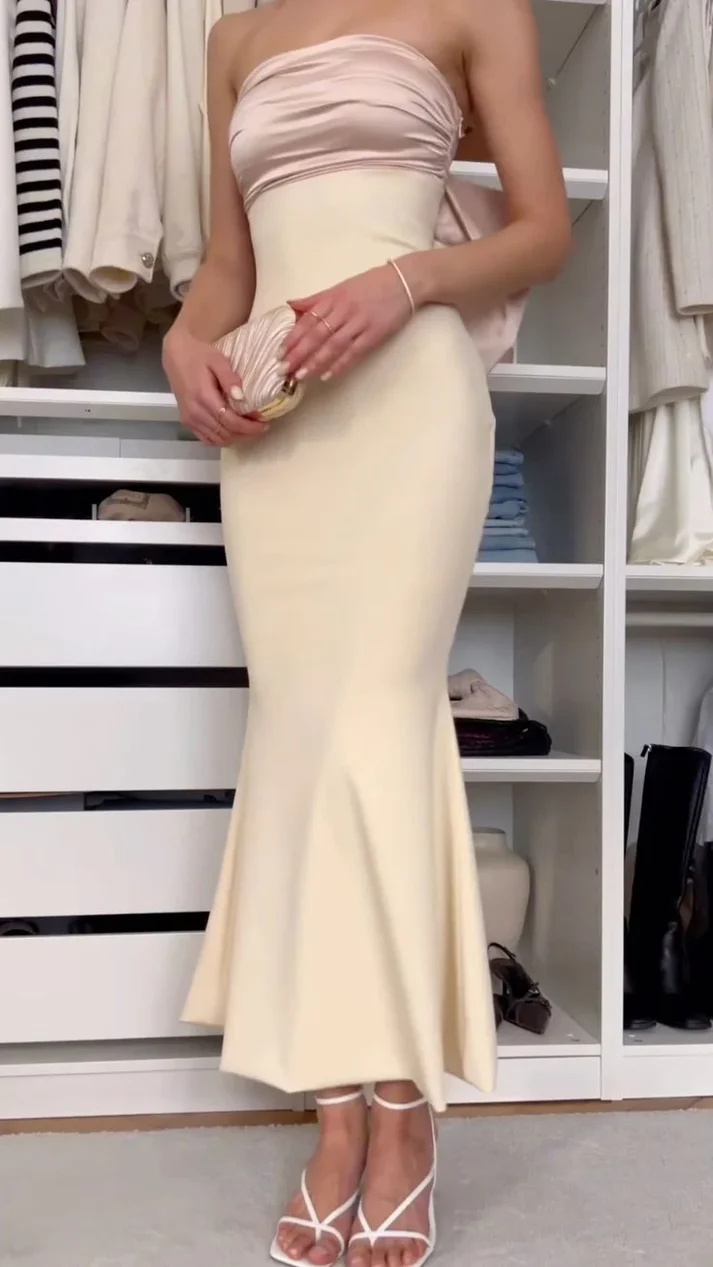 Elegant Mermaid Long Satin Evening Dress Strapless Prom Party Dress