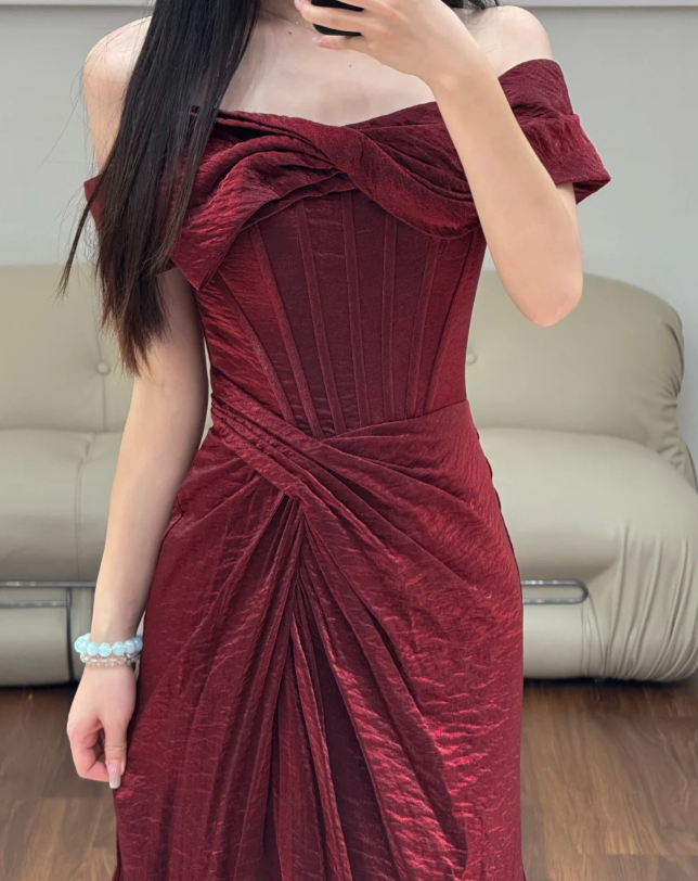 Off The Shoulder Prom Party Dress Burgundy Evening Dress Graduation Dress