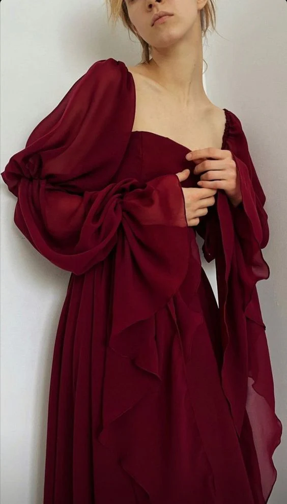 Vintage Burgundy Long A Line Prom Dress Romantic Evening Dress Party Gown