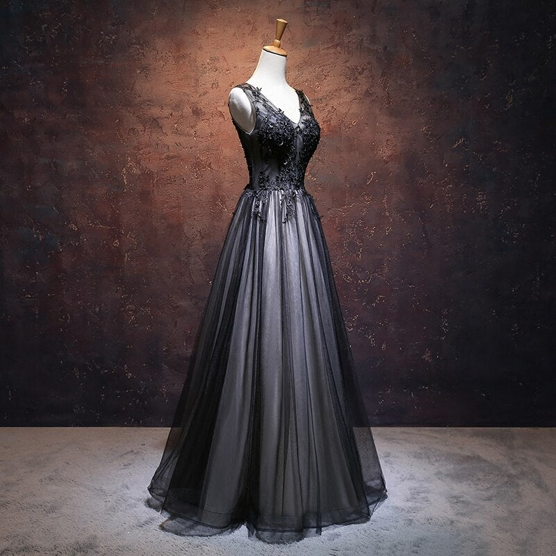 CHIC A-LINE V-NECK FLOOR LENGTH TULLE BLACK APPLIQUE LONG PROM DRESS EVENING DRESS
