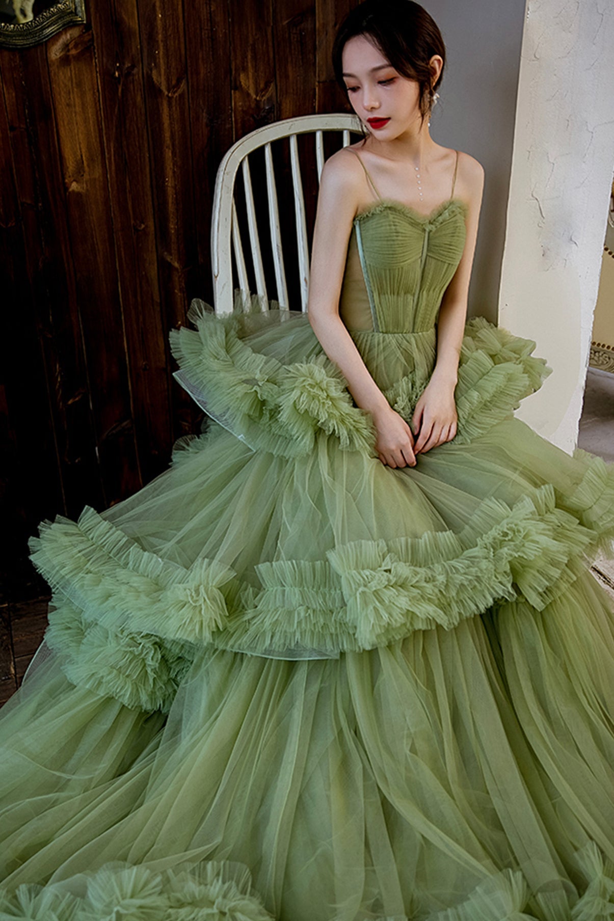 Green tulle long A line prom dress green evening dress