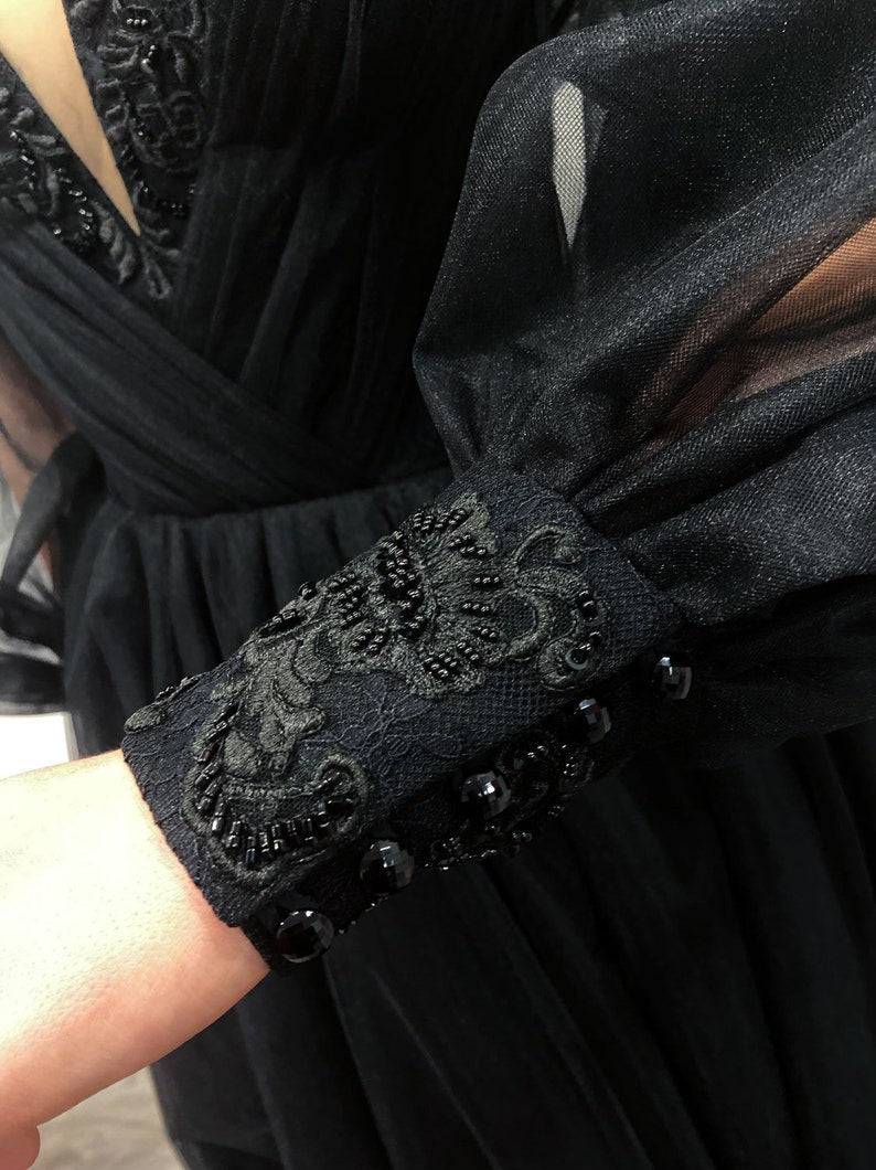 Black gothic tulle embroidery lace corset wedding gown, convertible dress with long sleeves, alternative prom dress
