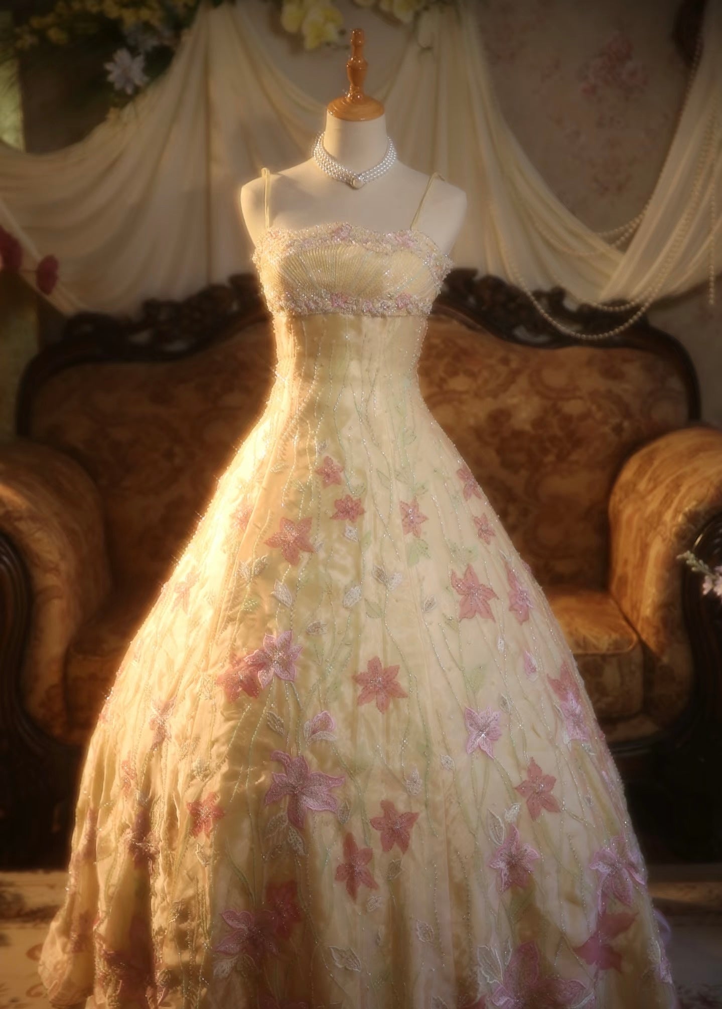 Vintage Yellow A-line Spaghetti Strap Beaded Floral Satin Long Prom Dress Evening Dress