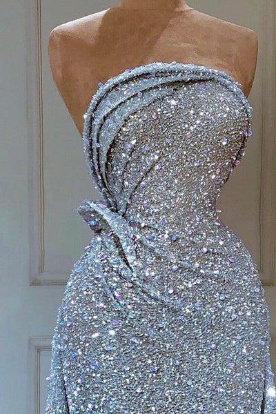 Elegant Mermaid Strapless Sequin Light Sky Blue Long Prom Dresses Evening Dress