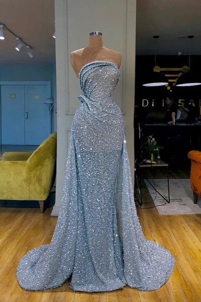 Elegant Mermaid Strapless Sequin Light Sky Blue Long Prom Dresses Evening Dress