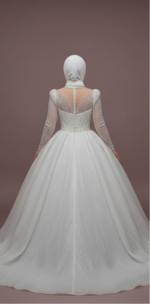 Custom Arabic Muslim Wedding Dress for Women with Long Sleeves and Tulle