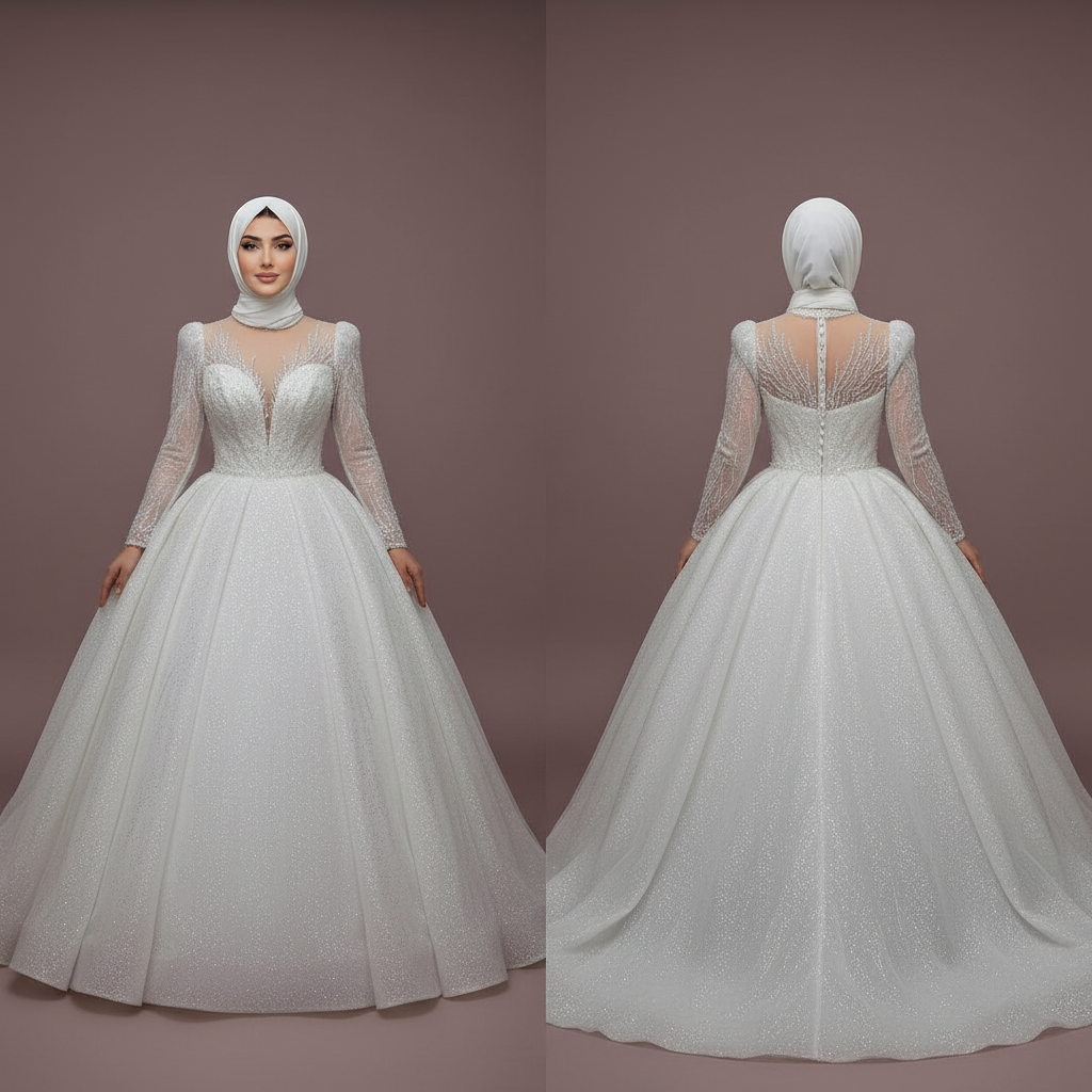 Custom Arabic Muslim Wedding Dress for Women with Long Sleeves and Tulle