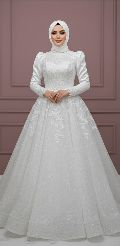 Minimalist Muslim Wedding Dress with Flower Appliques and Long Sleeves WHITE