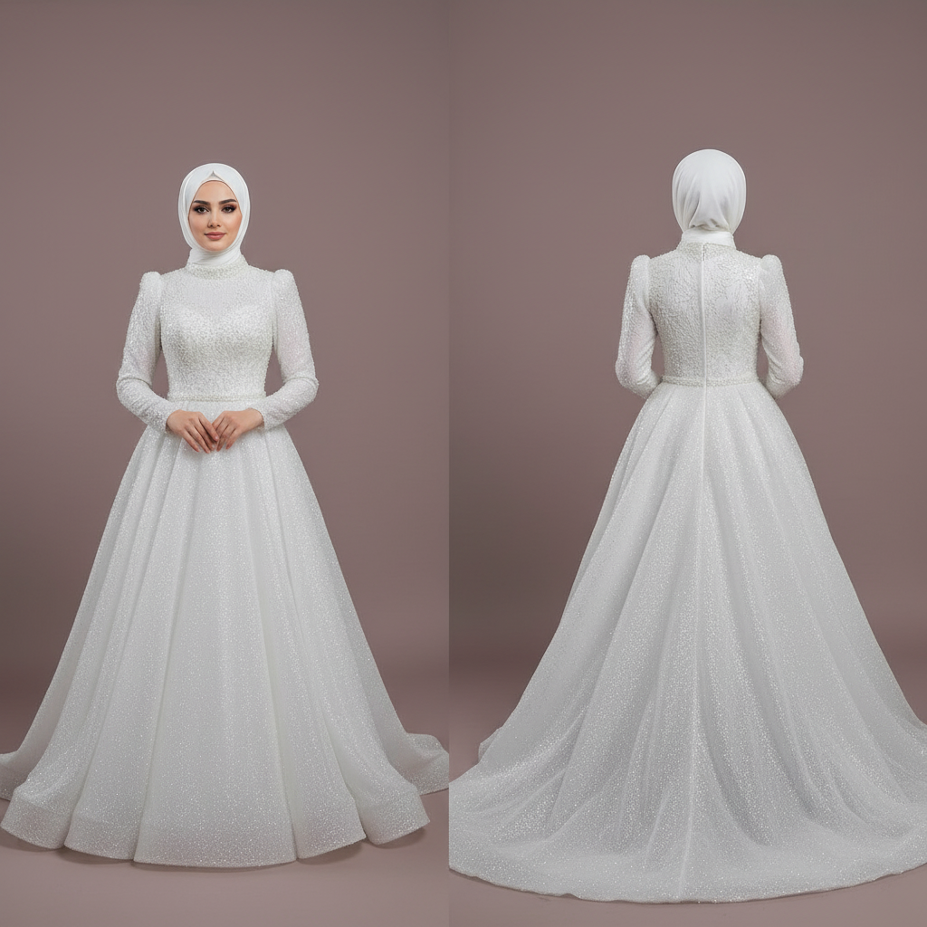Dubai Inspired Muslim Wedding Dress with Applique Flowers and Full Sleeves