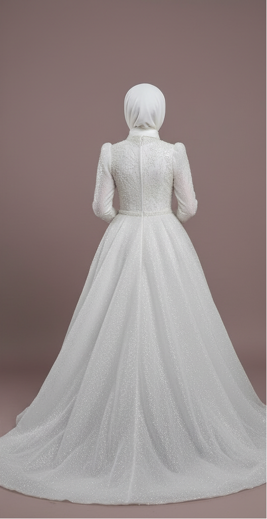Dubai Inspired Muslim Wedding Dress with Applique Flowers and Full Sleeves