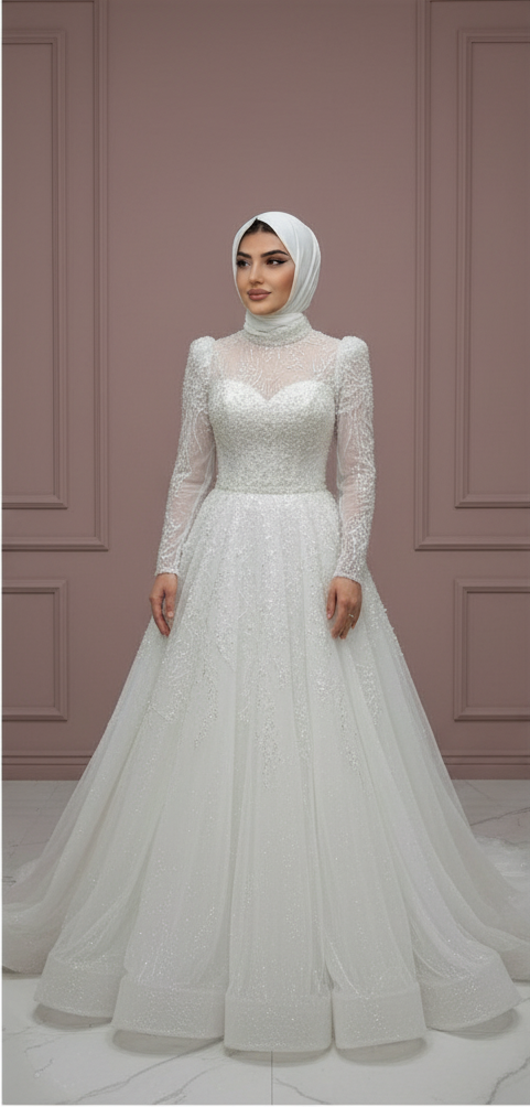 Custom Arabic Muslim Wedding Dress for Women with Long Sleeves and Tulle WHITE