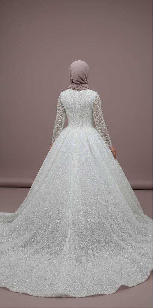 Custom Made Muslim Wedding Dress for Women with Floral Appliques and Long Sleeves