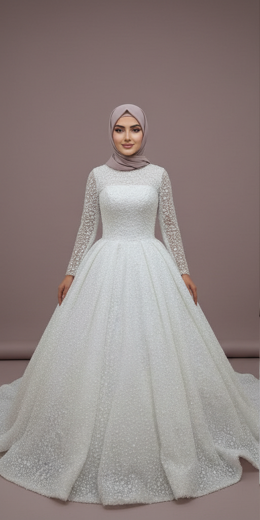 Custom Made Muslim Wedding Dress for Women with Floral Appliques and Long Sleeves WHITE